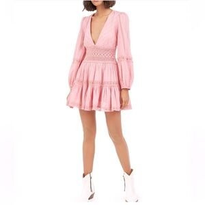 FREE PEOPLE 6 The Delightful Mini Dress DISTRESSED PINK TIERED LAYERS LACE WAIST